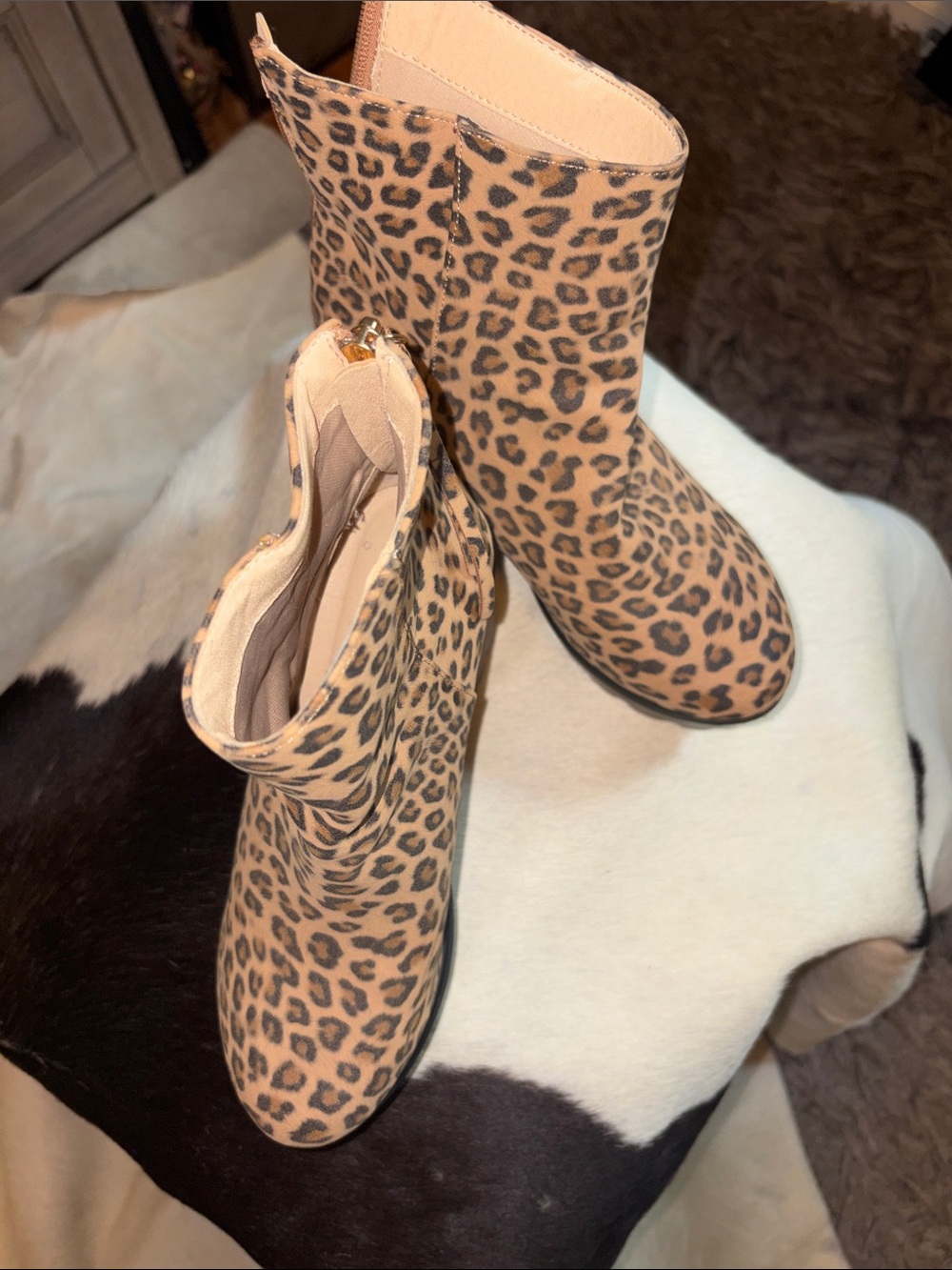 Leopard Print Ankle Booties - Tan/Black
